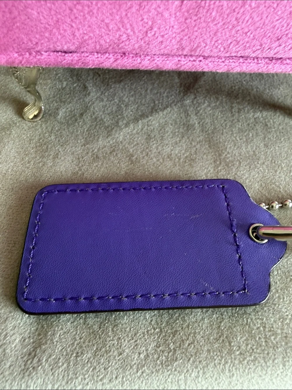 Coach Purple Large Leather Bag Tag Charm with Silver Ball Chain